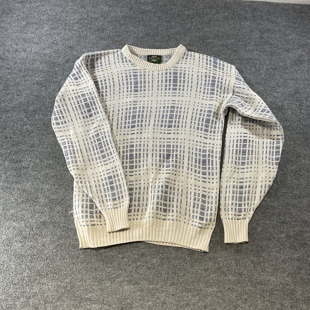 Vintage Jantzen Mens Cream Blue Textured Grid Knit Crewneck Sweater USA Made M